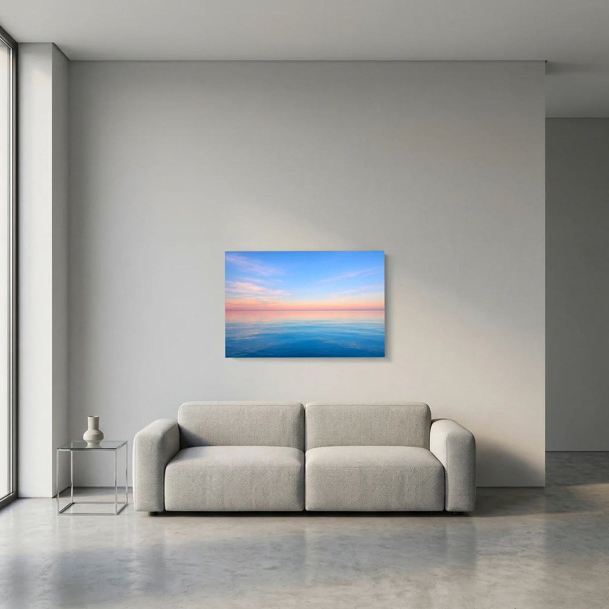 Querformat-Wandbild Meer bei Sonnenuntergang mit ruhiger Wasseroberfläche, blau eingefasst