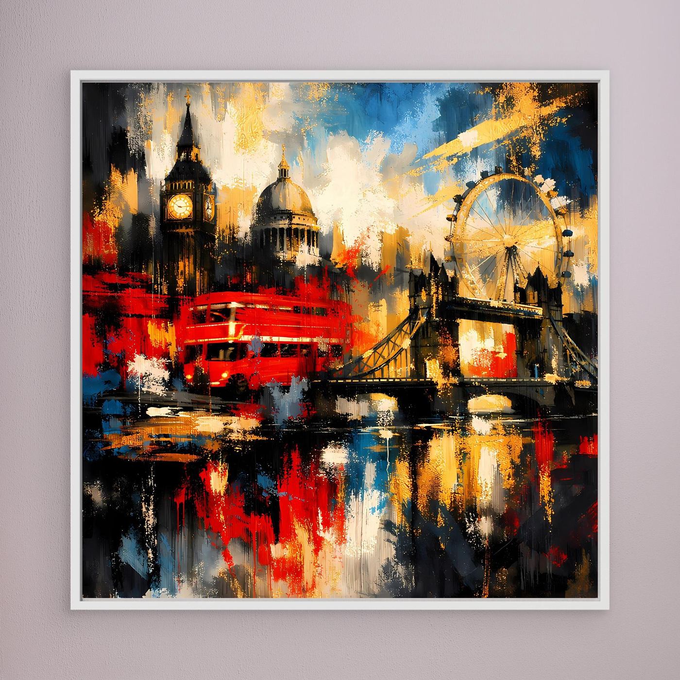 Leinwandbild mit abstrakter London-Skyline, bunt, weiß eingefasst