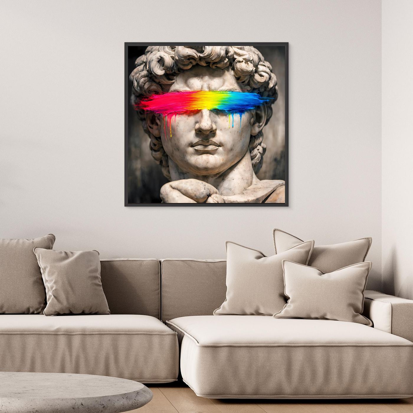 Leinwandbild David-Statue mit Regenbogenfarbbalken, schwarzer Rahmen