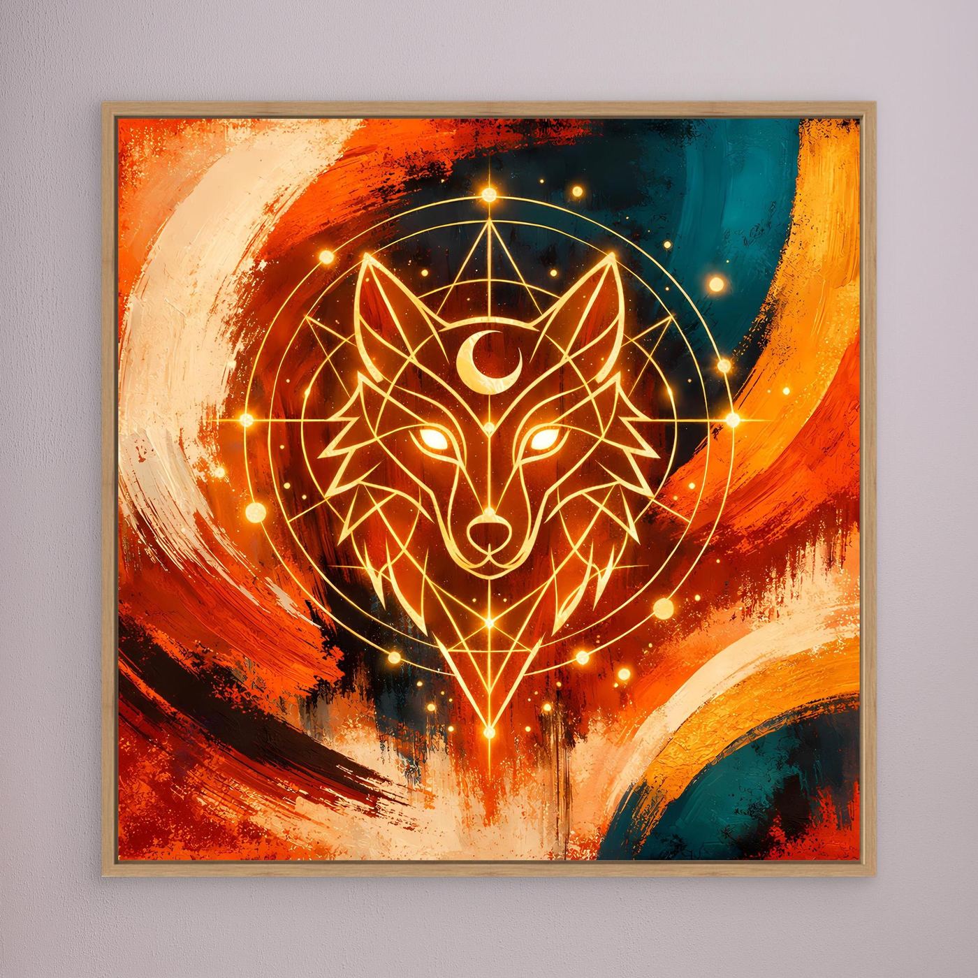 Gerahmtes Leinwandbild: geometrischer Wolf in Orange/Blau mit goldenen Lichtlinien, heller Rahmen