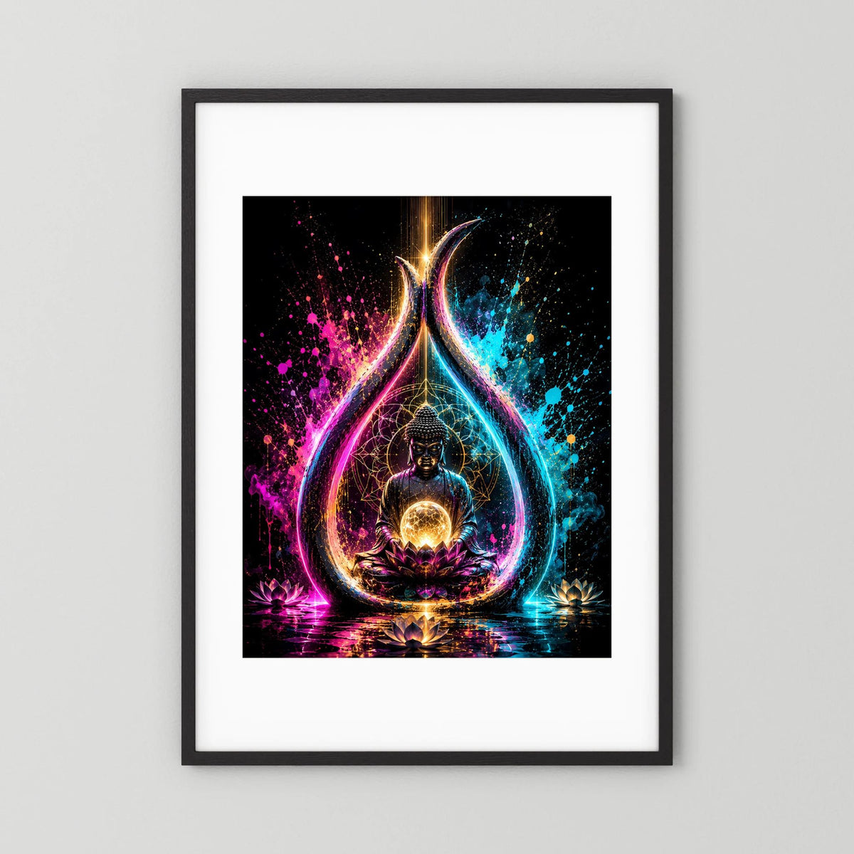 Poster im schwarzen Rahmen mit weißem Rand: Buddha auf Lotus, Energiekugel im Neon-Drop
