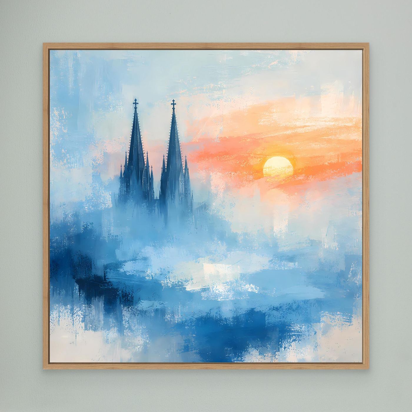 Kölner Dom Silhouette in Nebelblau | Moderne Abstrakte Leinwand mit Sonnenaufgang