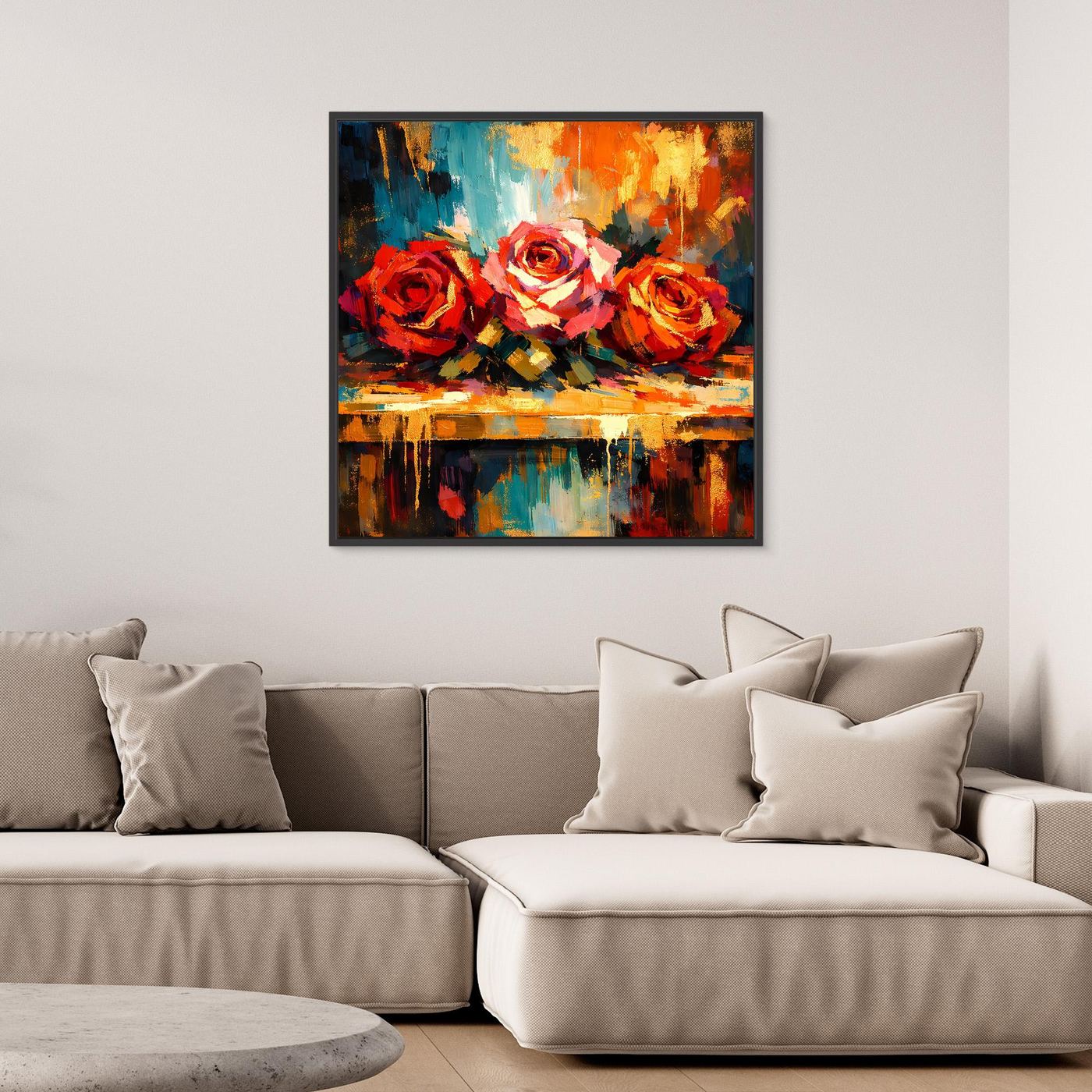 Quadratisches Leinwandbild mit abstrakten Rosen, dunkler Rahmen, rot-orange Blumen auf Farbverlauf