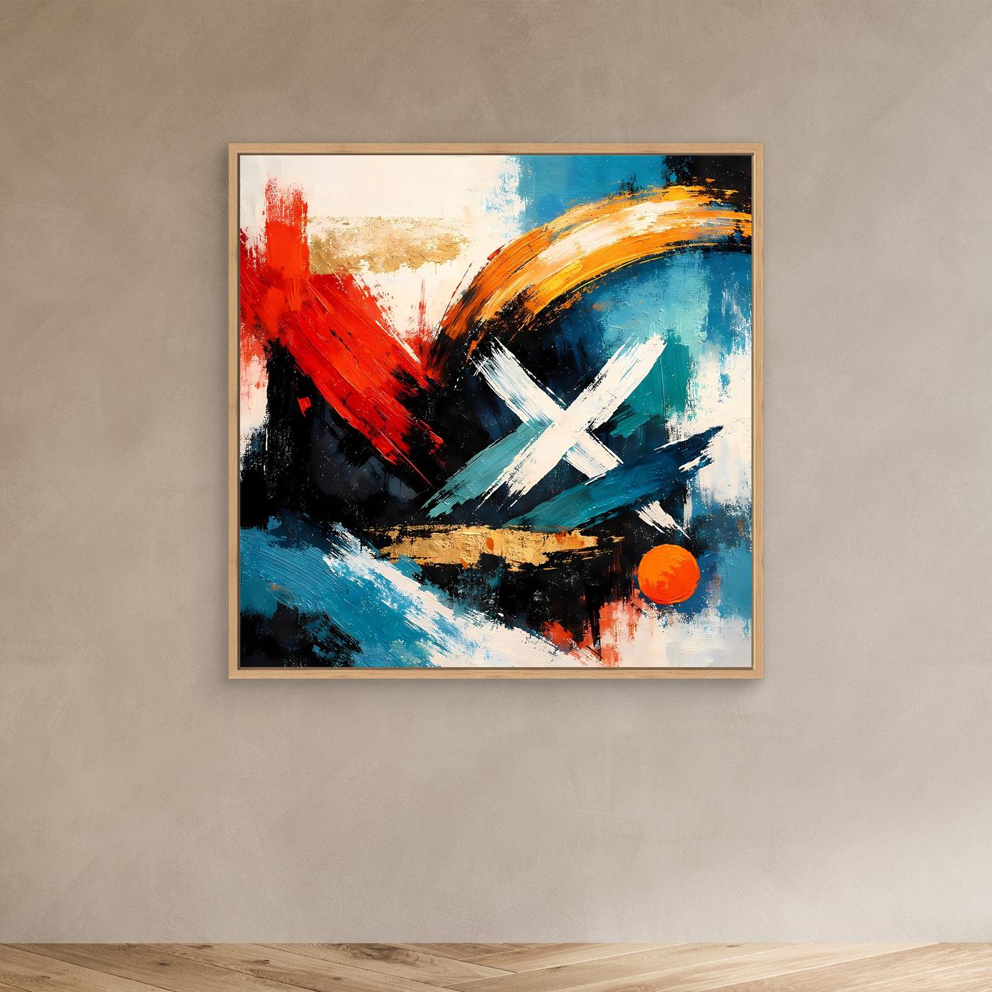 Abstraktes Leinwandbild mit hellem Holzrahmen: rote, blaue & schwarze Pinselstriche, weißes X.