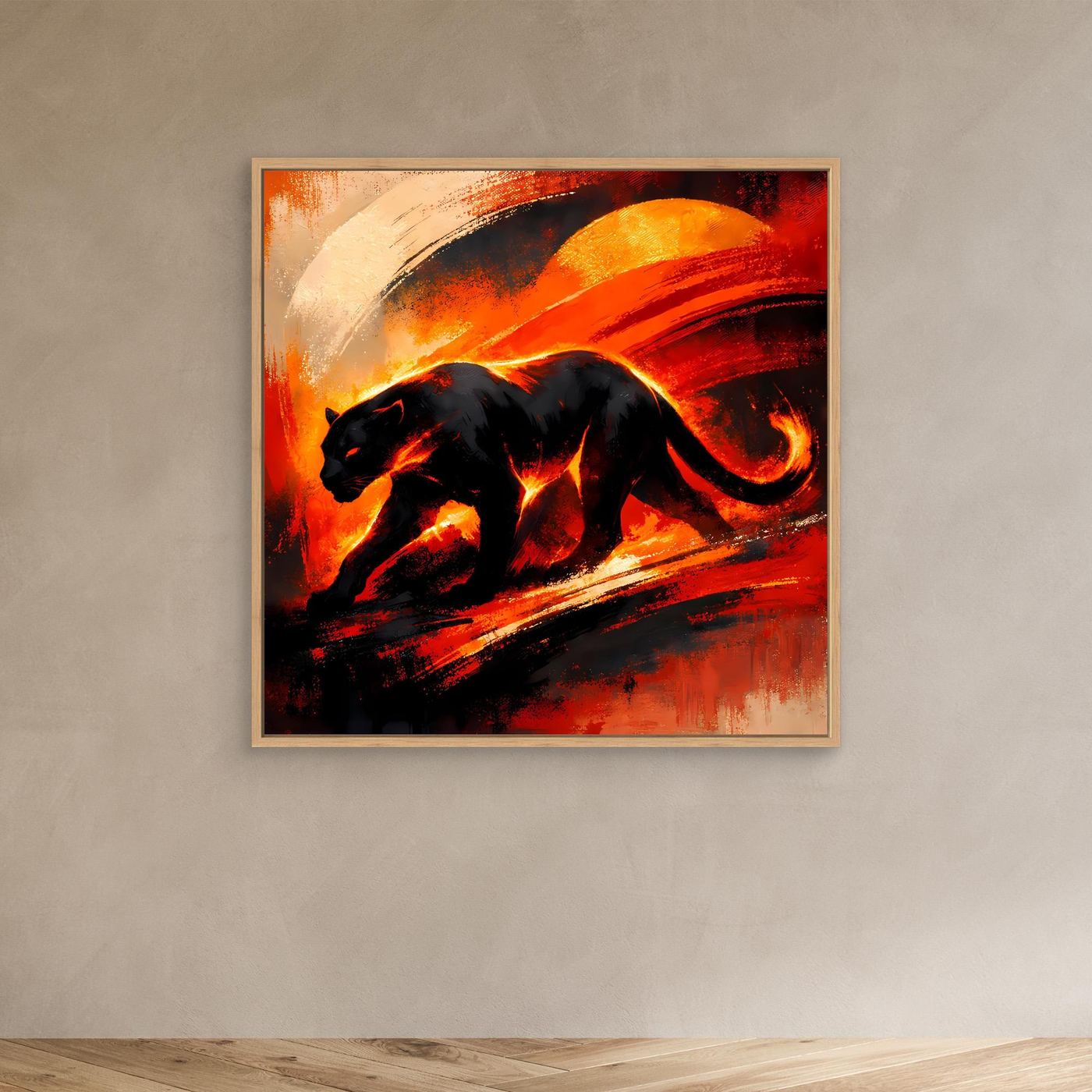Leinwandbild mit schwarzem Panther in abstraktem Feuerrot im Eichenrahmen