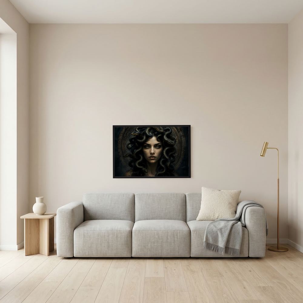Gerahmtes Querformat-Poster mit Medusa-Porträt: Frau mit schwarzer Lockenmähne und goldenen Akzenten