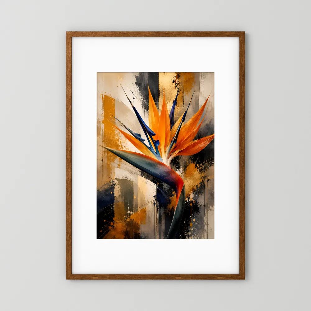Hochformat-Poster mit abstrakter Strelitzie: orange Blüte und blaue Akzente im Holzrahmen