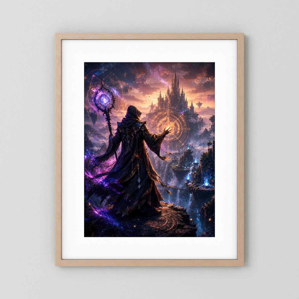Kunstposter im Hochformat im hellbraunen Holzrahmen: Magier mit Stab vor mystischer Burg