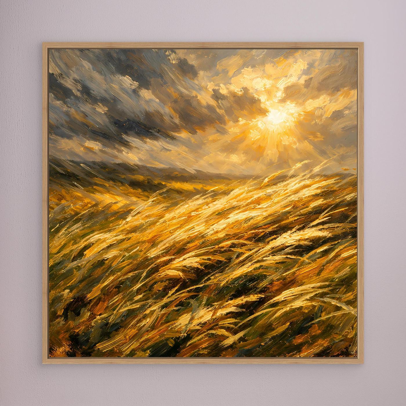 Leinwandbild mit goldenem Getreidefeld im Wind und leuchtender Sonne, Holzrahmen