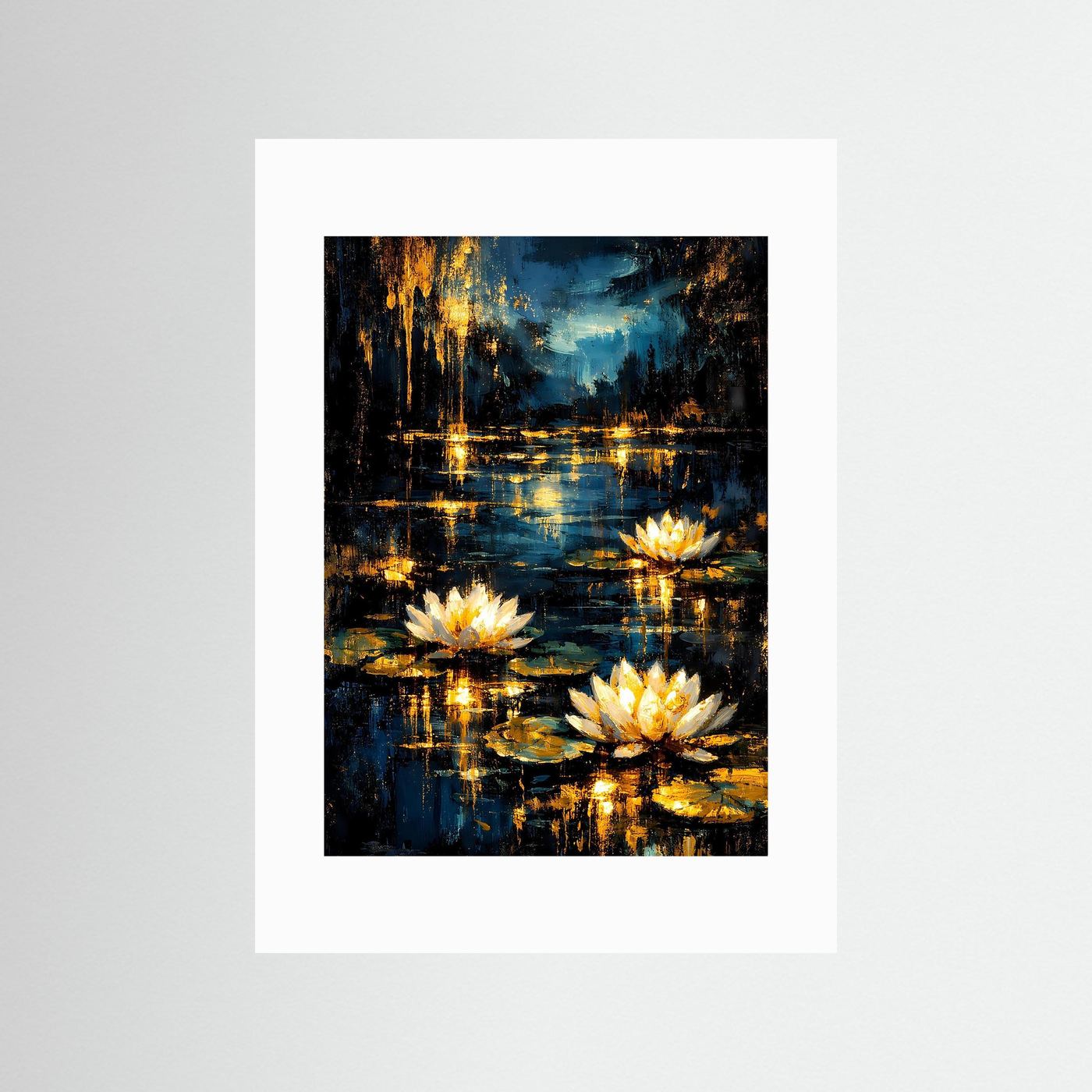 Poster ohne Rahmen: Seerosen im Teich mit weißen Blüten und goldenen Spiegelungen