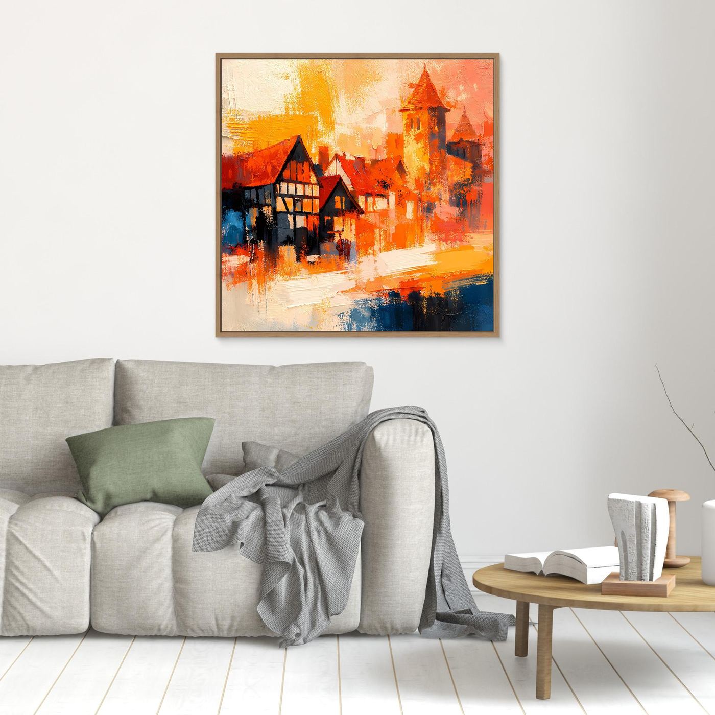 Premium Leinwand Romantische Altstadt im Farbenrausch | Modernes Fachwerk Wandbild abstrakt