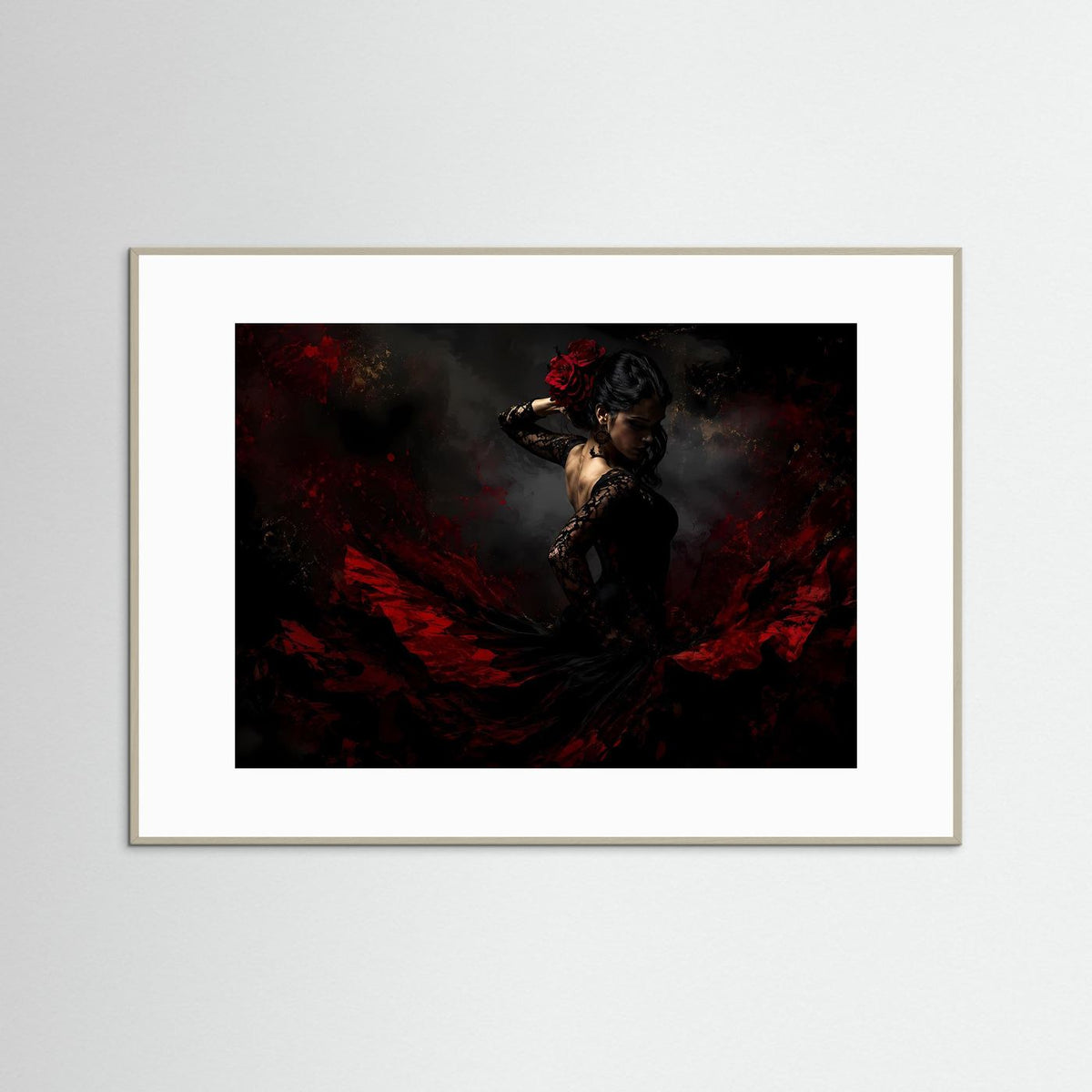 Flamenco-Wandbild mit Tänzerin in Rot-Schwarz, hellbrauner Rahmen, Querformat