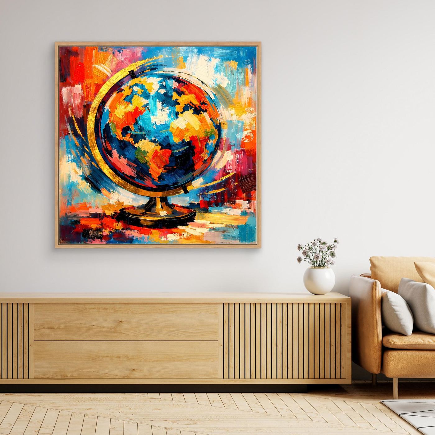 Abstraktes Leinwandbild mit Globus und Weltkarte, bunte Pop-Art, Holzrahmen