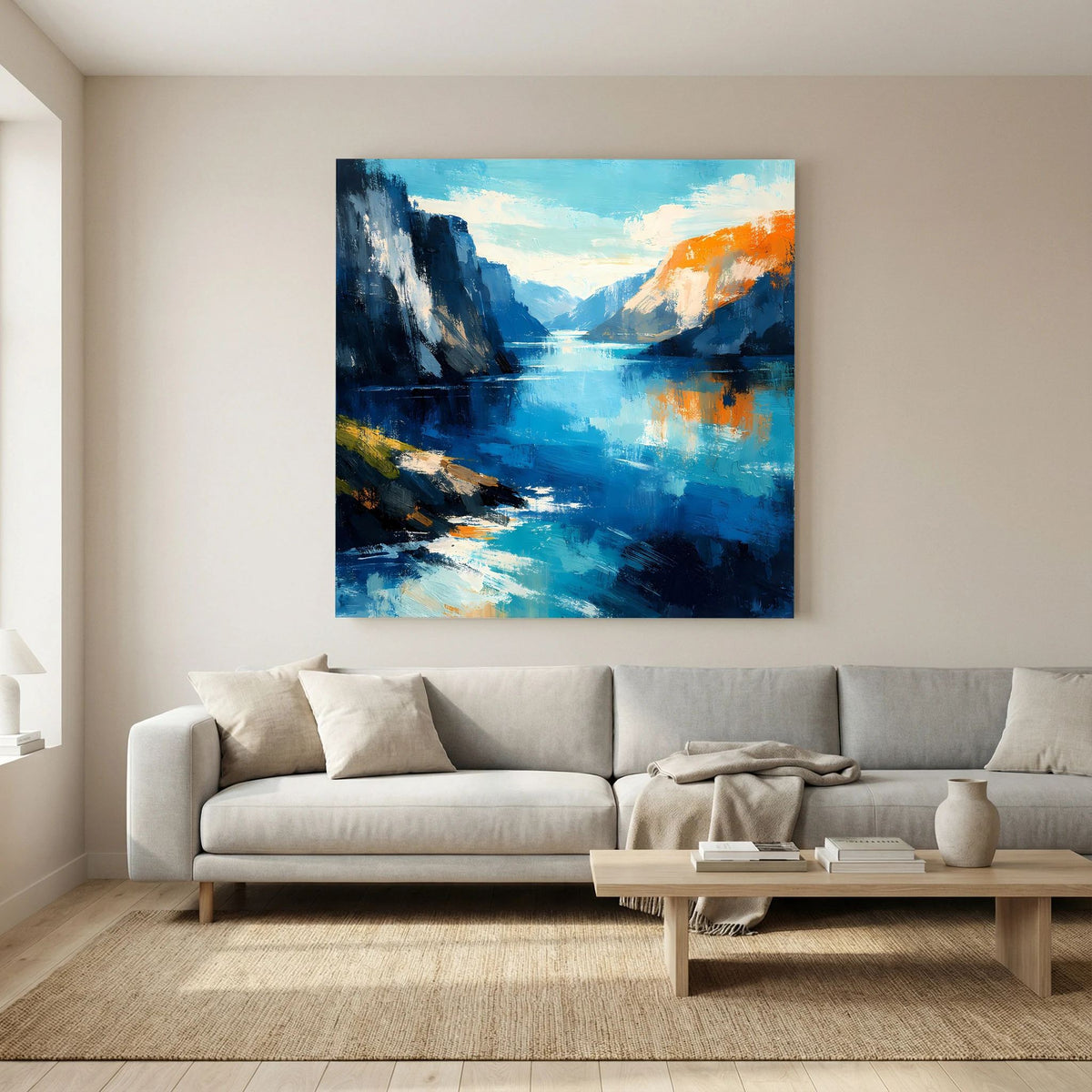 Leinwand Abstraktes Fjord Gemälde | Modernes Norwegisches Wandbild Blau Orange