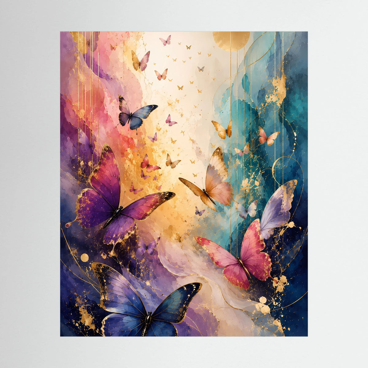 Hochformat-Poster mit bunten Schmetterlingen in Blau, Rosa und Gold, abstrakt gestaltet.