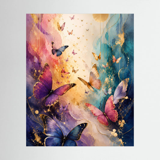 Hochformat-Poster mit bunten Schmetterlingen in Blau, Rosa und Gold, abstrakt gestaltet.