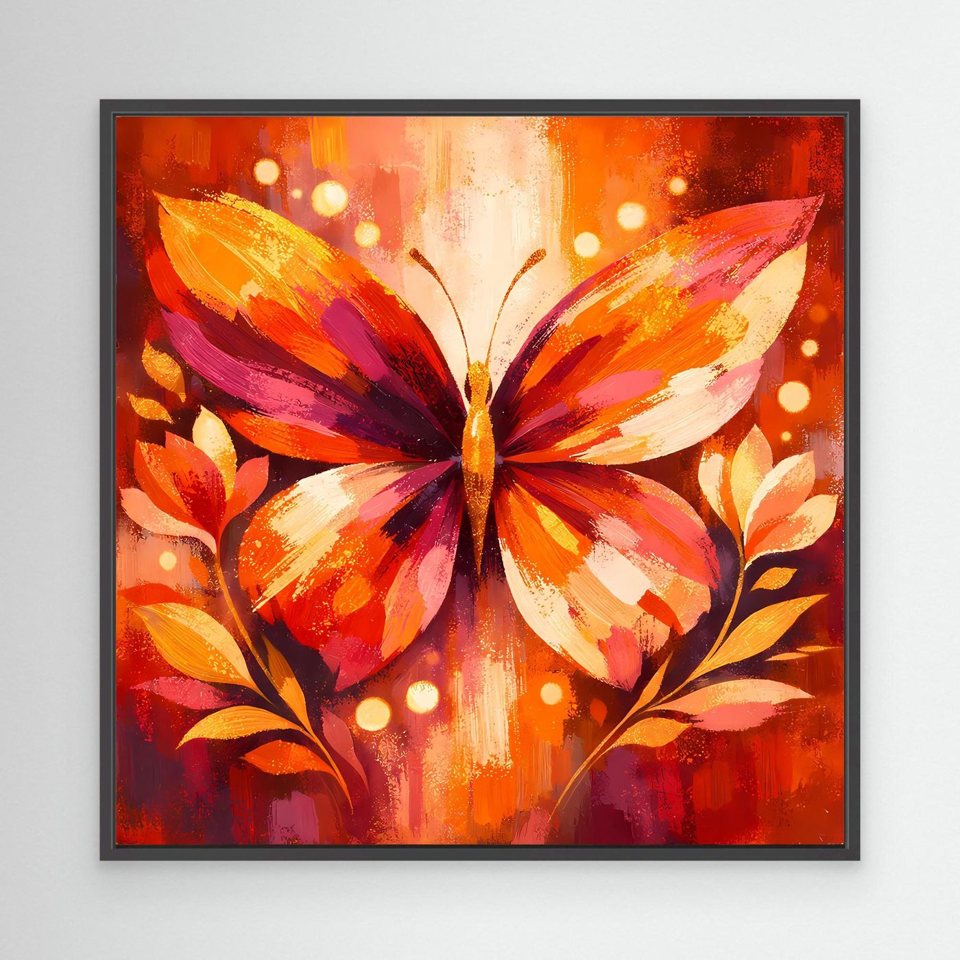 Leinwandbild mit leuchtendem Schmetterling in Orange und Pink, schwarzer Rahmen.