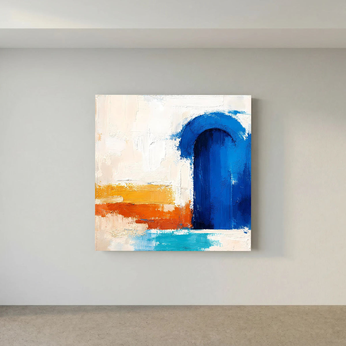 Weiß gerahmtes Leinwandbild mit blauem Torbogen und orange-blauen Querstreifen