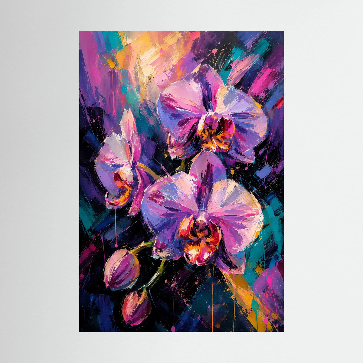 Hochformat-Poster mit abstrakten Orchideen in Pink/Violett, detailreiche Farbflächen.