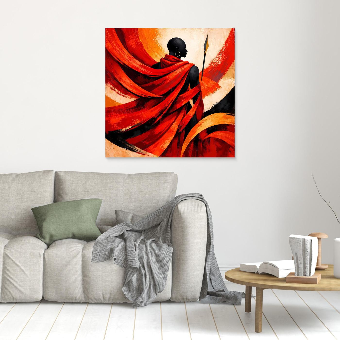Kleines gerahmtes Leinwand-Wandbild mit Krieger-Silhouette, roten Tüchern und Lanze