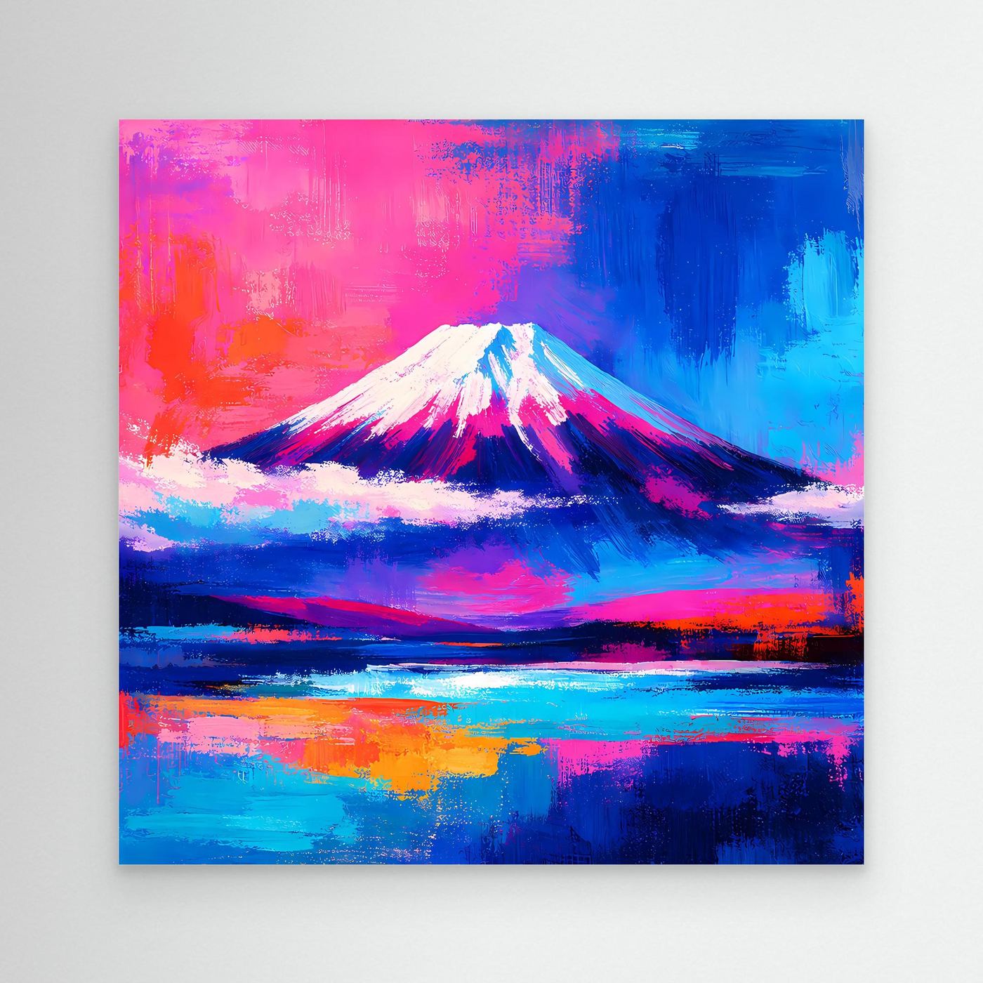 Leinwandbild Abstrakter Fuji bei Sonnenuntergang | Farbenfrohes Berg Wandbild auf echtem Holzkeilrahmen