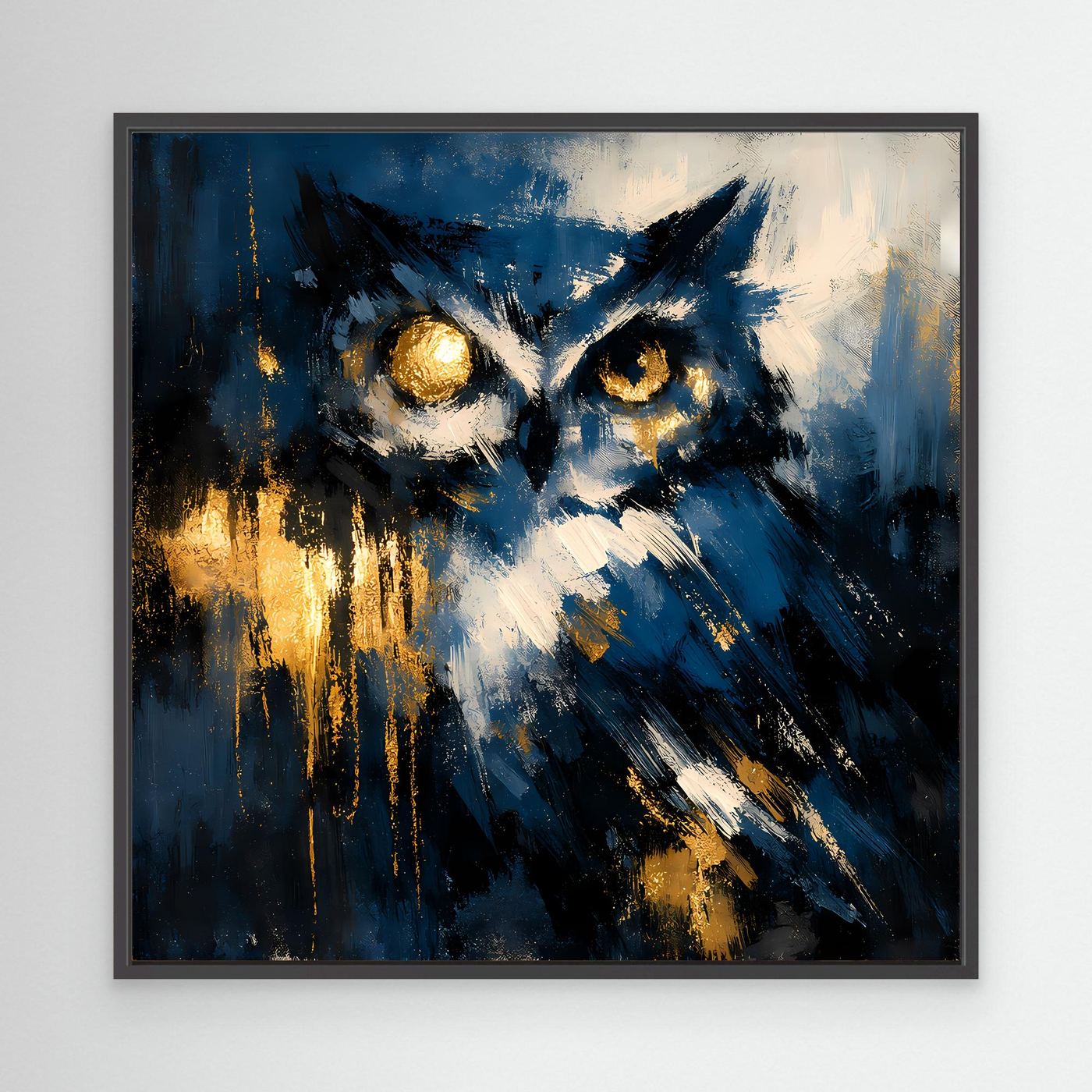 Leinwand-Wandbild mit abstrakter Eule in Blau und Gold, mit schwarzem Rahmen