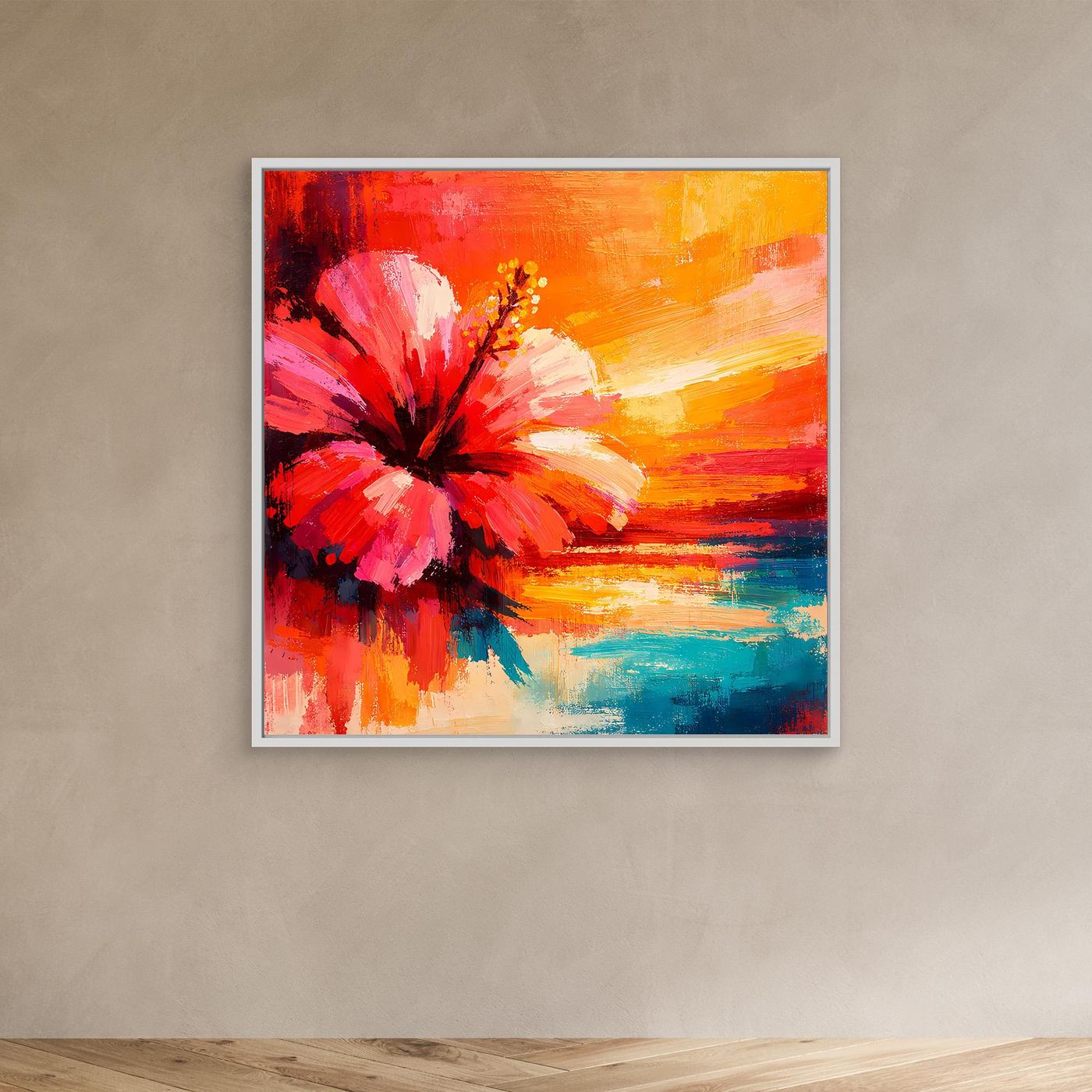 Leinwand Abstraktes Hibiskusblütenbild am Meer | Modernes Küsten Wandbild Bunt