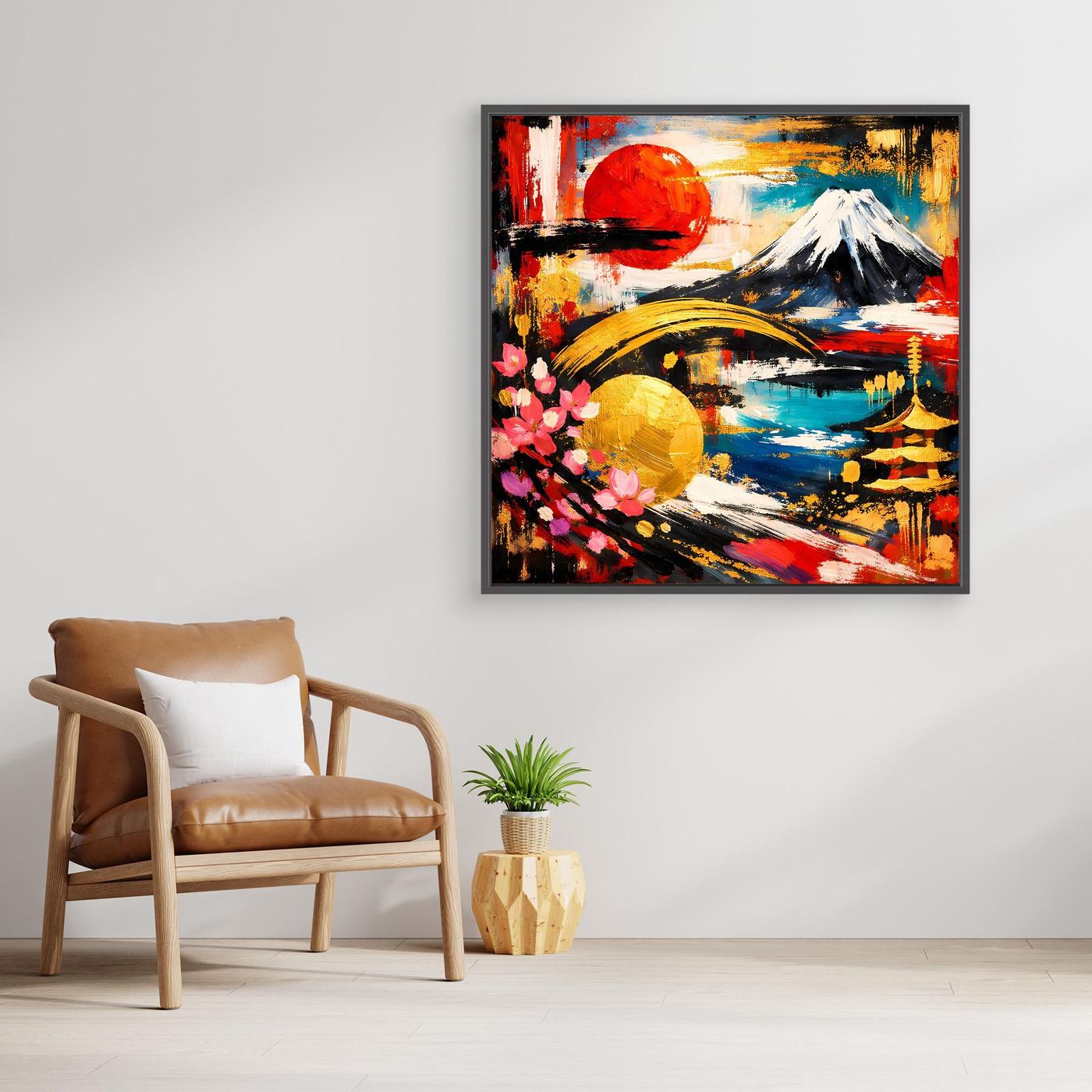 Leinwandbild mit abstraktem Fuji und Kirschblüten, schwarz gerahmt