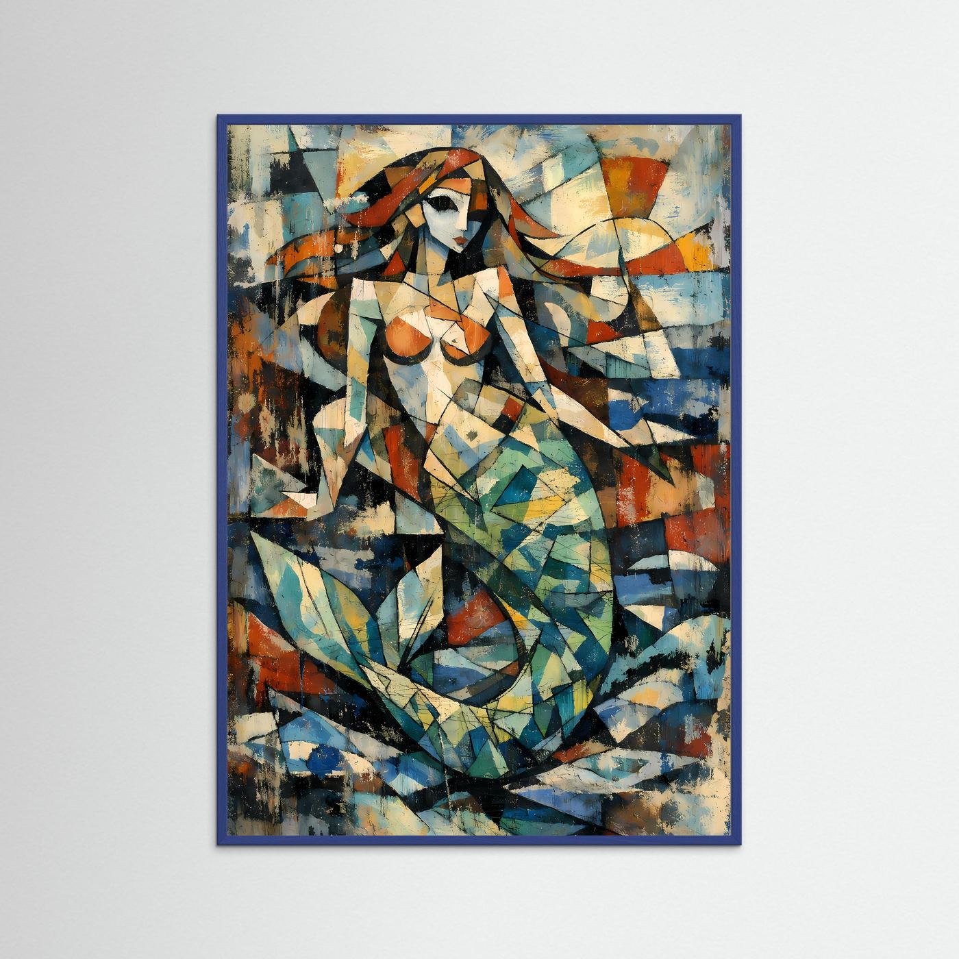 Abstraktes Meerjungfrauen-Poster im blauem Holzrahmen, geometrisch in Blau und Grün