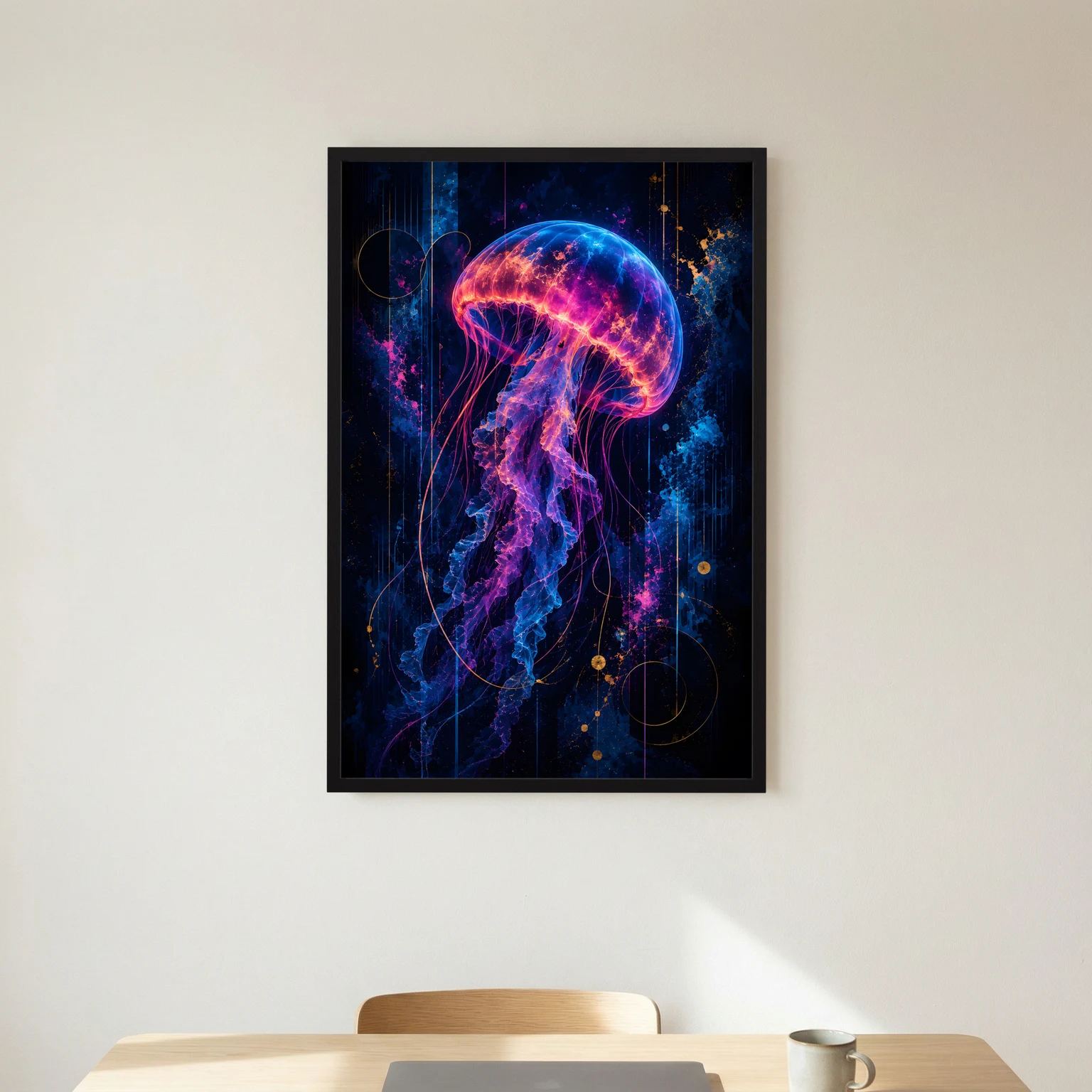 Leuchtendes Quallenposter mit neonfarbener Qualle in Pink und Blau, schwarzer Rahmen