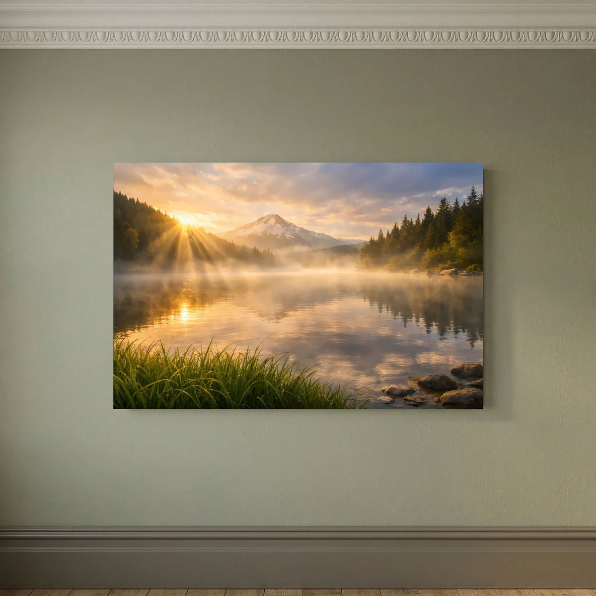 Querformatiges Wandbild mit Landschaft: See, Berggipfel, Nebel und Waldsilhouetten