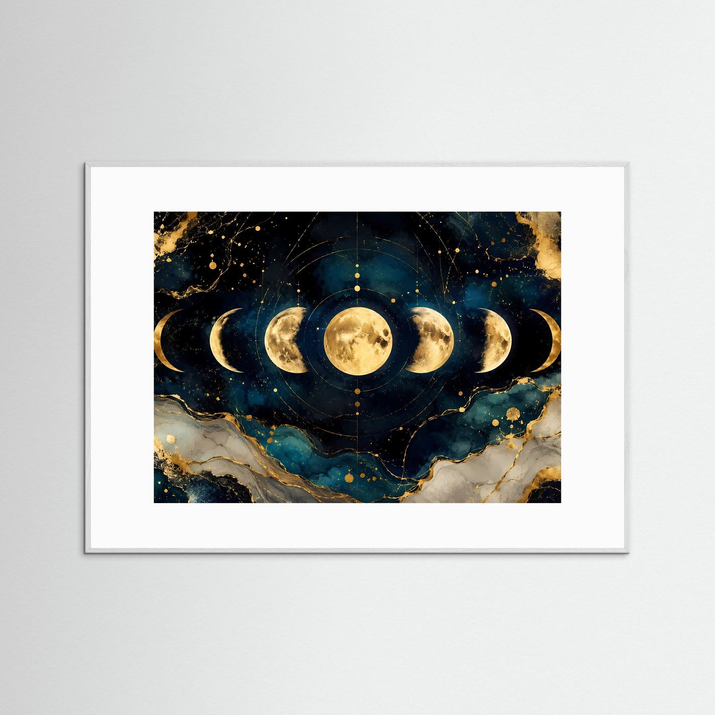 Mondphasen im Kosmos mit Gold | Spirituelles Universum & Astrologie Poster im Querformat