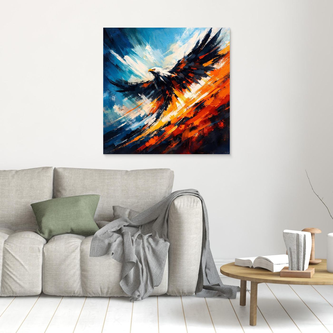 Wandbild mit abstraktem Adler in Blau, Orange und Schwarz, kleiner ohne Rahmen
