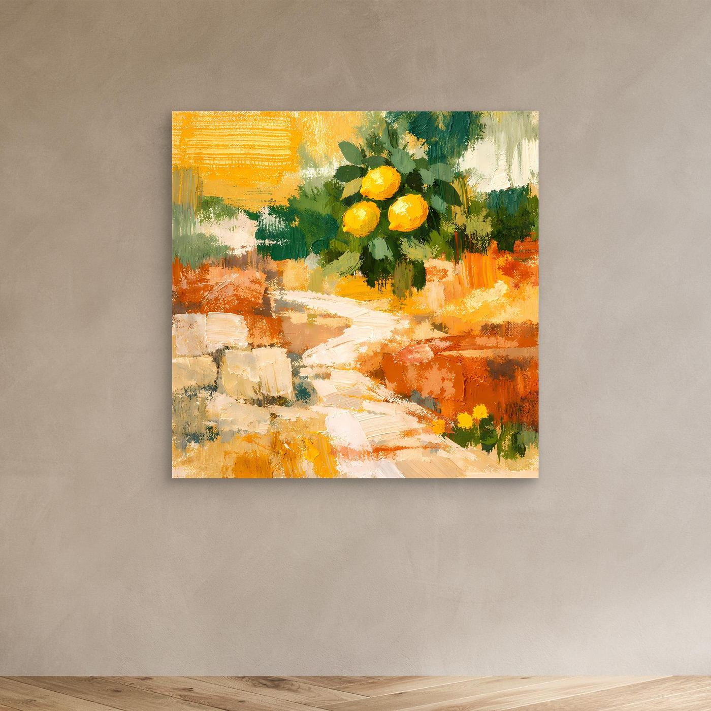 Leinwand Mediterraner Zitronenzweig im Sonnenlicht | Abstraktes Stillleben Wandbild