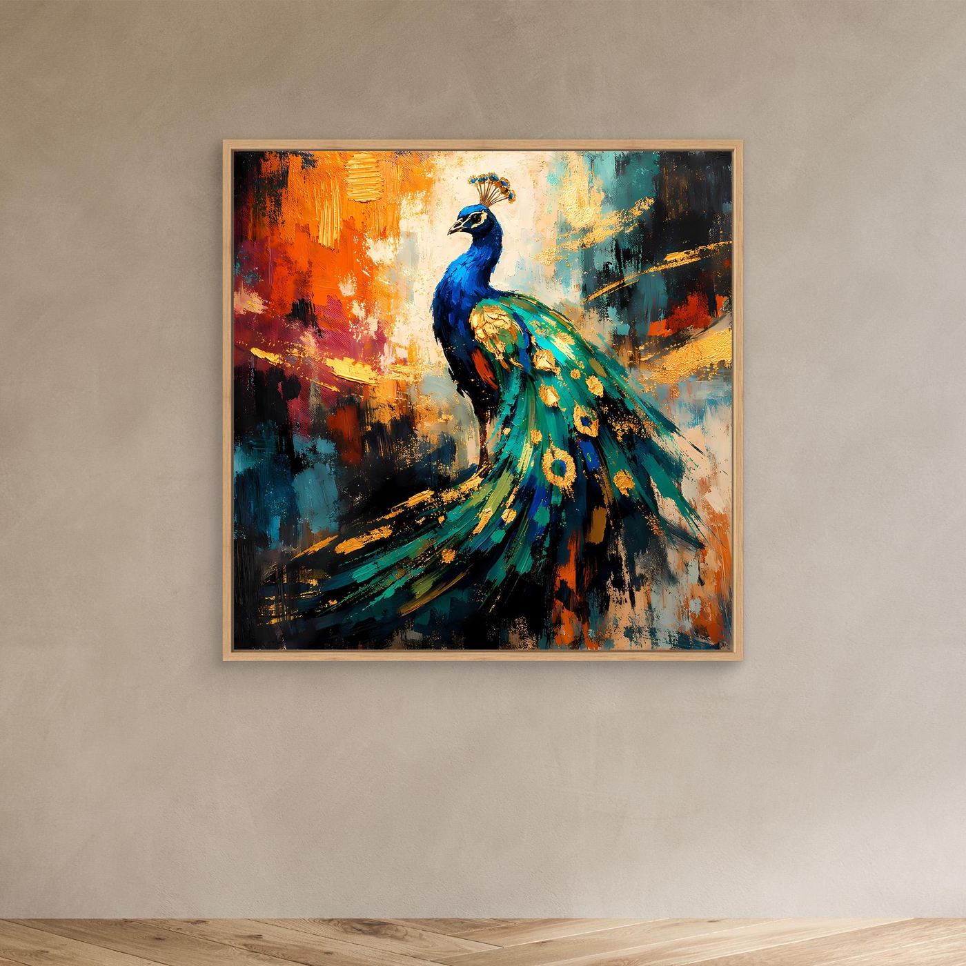 Leinwandbild mit leuchtendem Pfau, abstrakt gemalt, Eichenrahmen