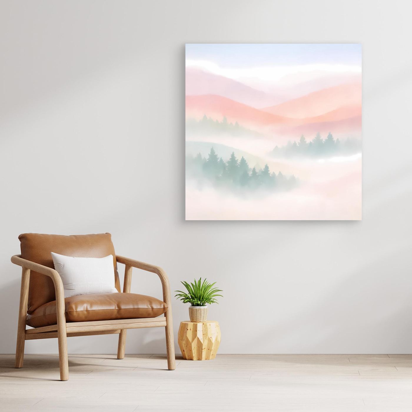 Leinwandbild mit pastellfarbenen Bergbergen, Morgennebel und nebligen Baumkronen