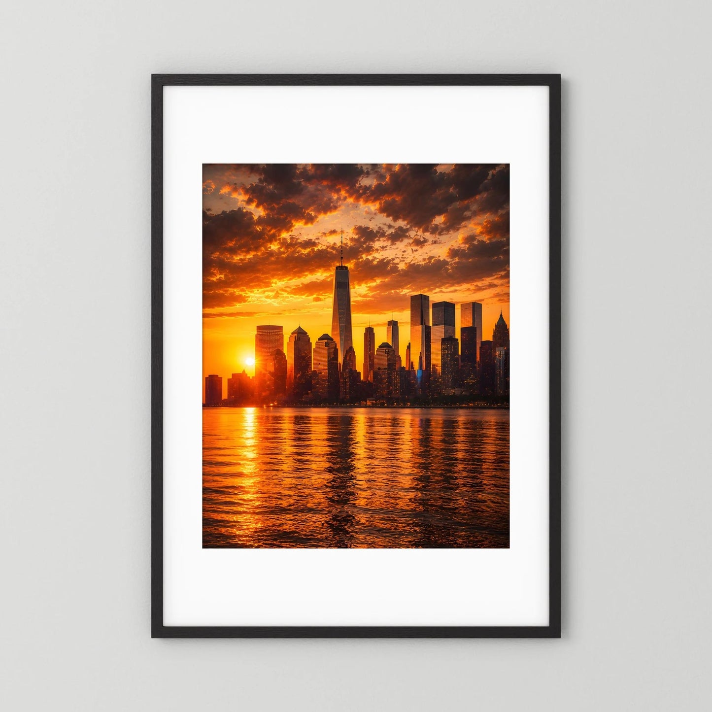 Hochformatiges Poster mit Skyline im Sonnenuntergang über Wasser, Orange/Schwarz, schwarzer Rahmen