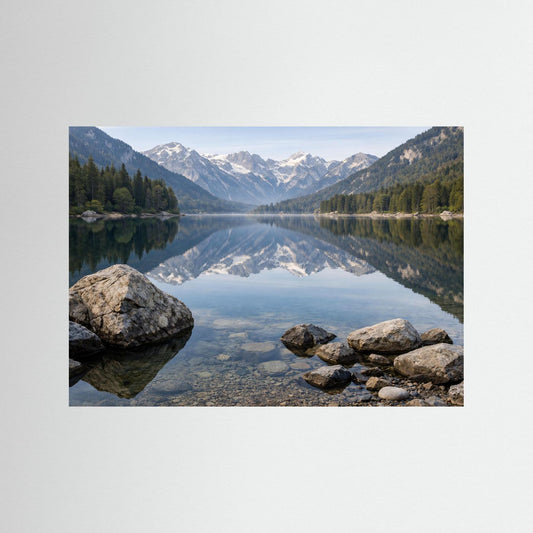 Naturposter mit Bergsee, Felsen im Vordergrund und spiegelnder Alpenlandschaft
