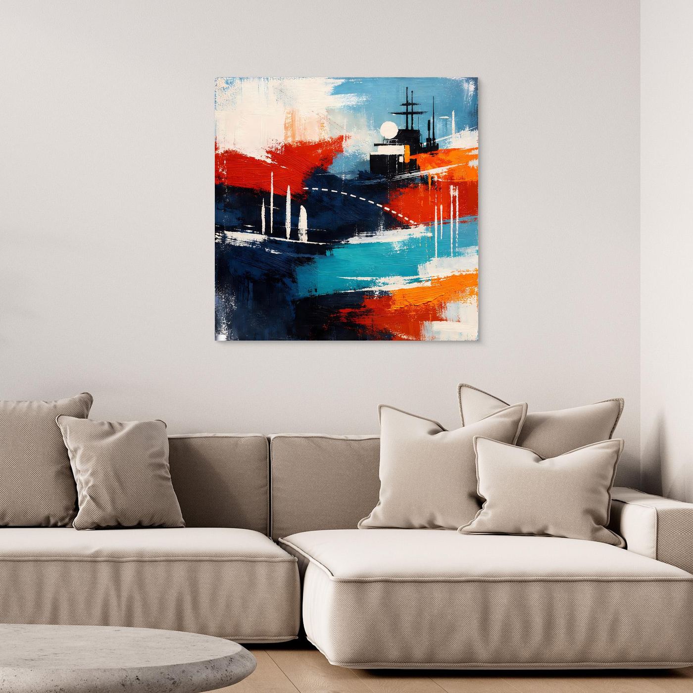 Abstraktes Leinwand-Wandbild mit Schiffs-Motiv in Blau, Rot und Weiß
