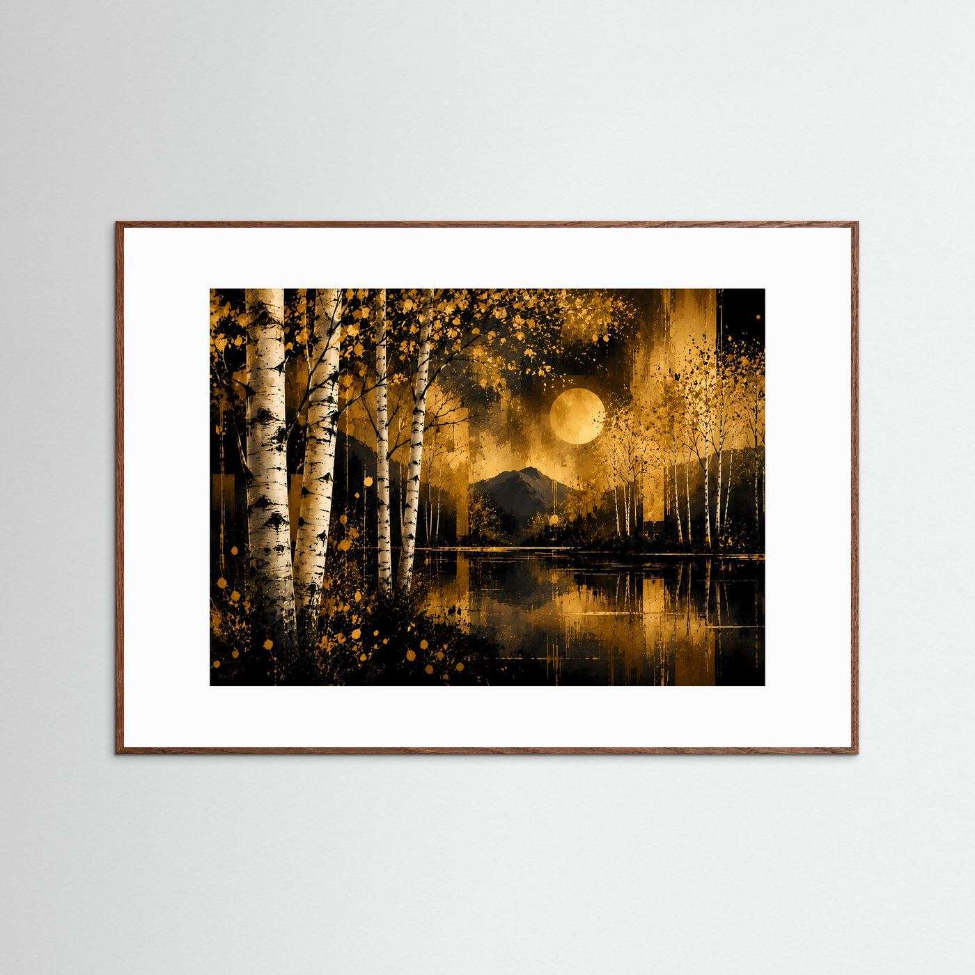 Gerahmtes Poster mit Birkenwald, See und goldener Sonne, braunes Holzrahmen-Design
