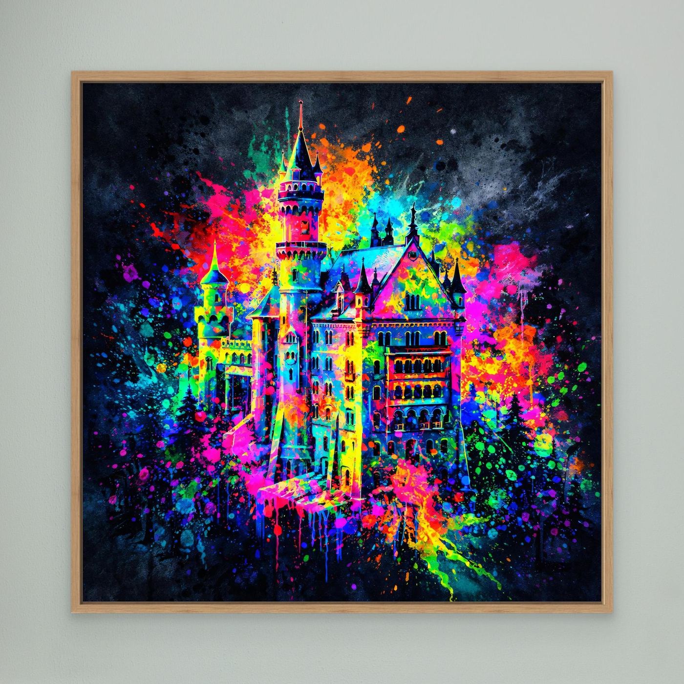 Leinwandbild mit bunter Graffiti-Schlossillustration, Holzrahmen