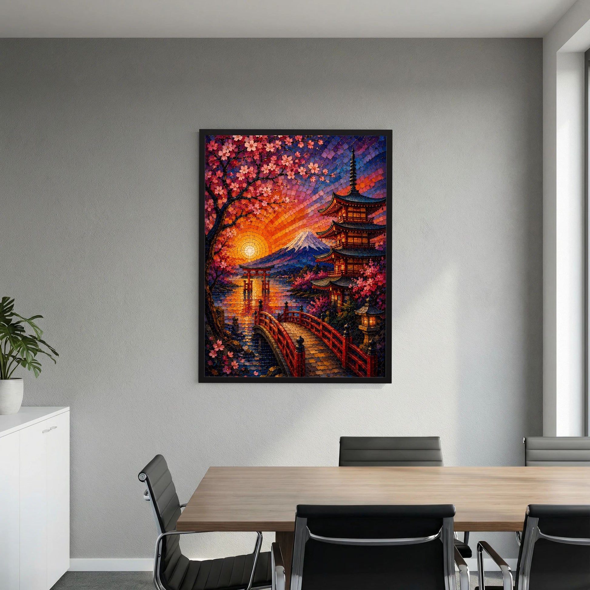 Wandposter im Hochformat: Sakura, Pagode und Fuji bei Sonnenuntergang, schwarzer Rahmen