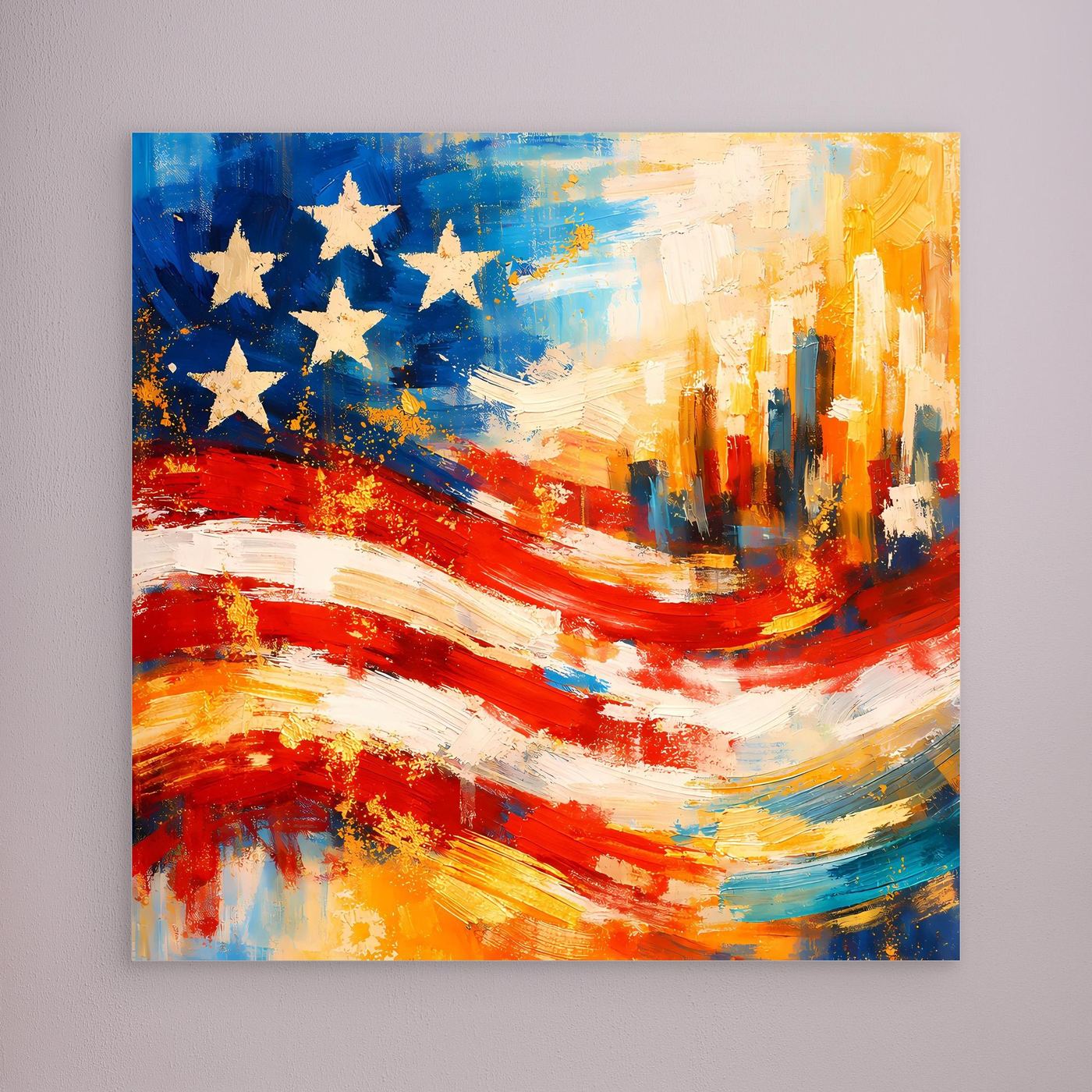 Abstraktes Leinwandbild US-Flagge mit weißen Sternen, roten Streifen, rahmenlos