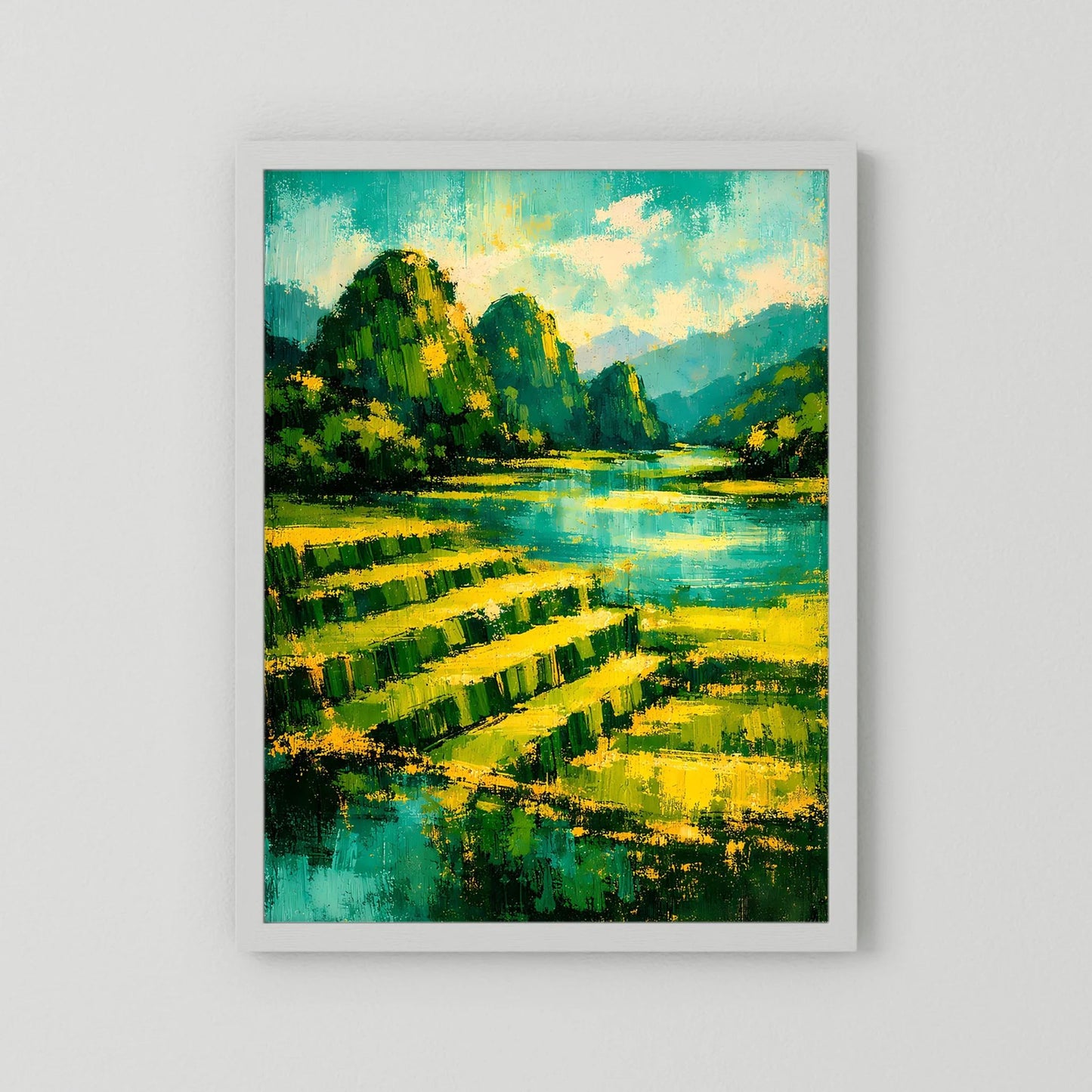 Hochformat-Poster mit Flusslandschaft in Grün und Gold, weiß gerahmt.