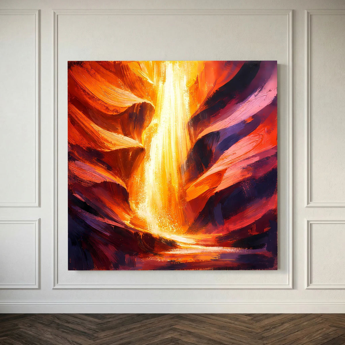 Abstraktes Leinwand-Wandbild mit gelb-orangem Glühen, roten und dunkelblauen Farbflächen
