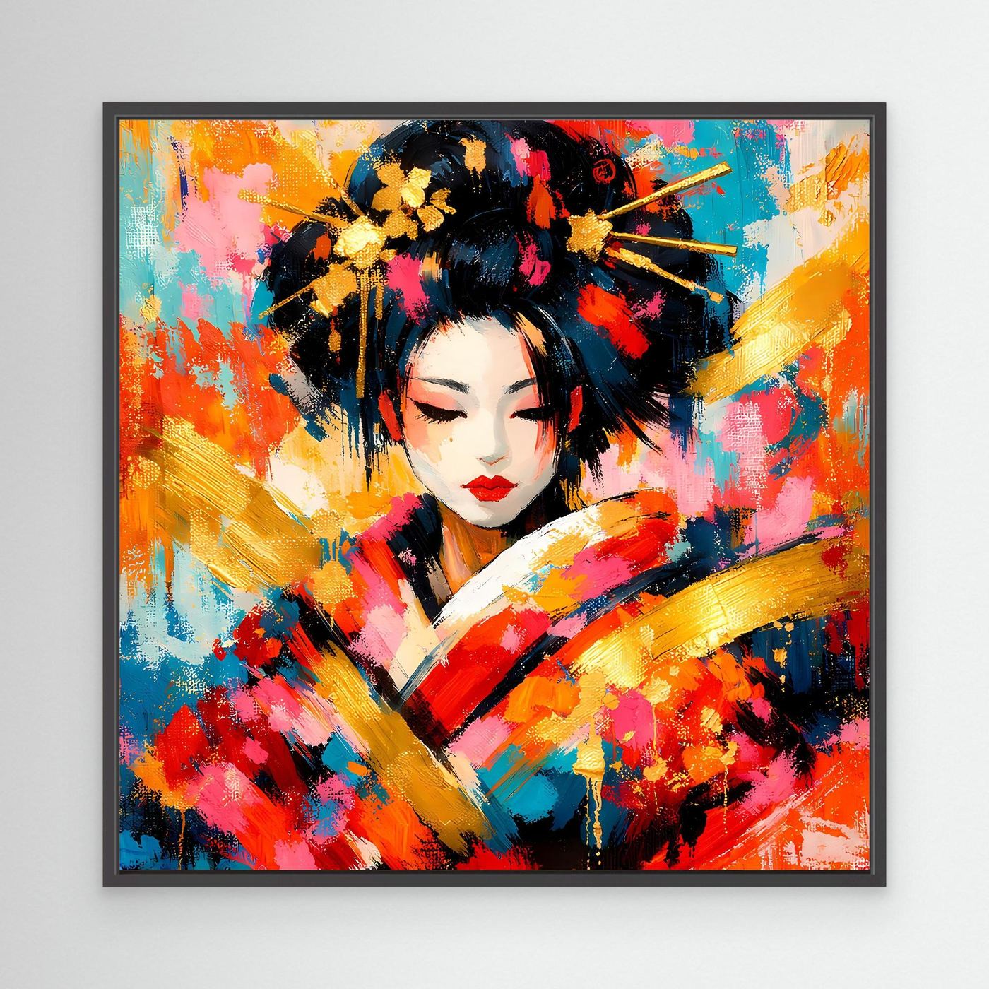 Leinwandbild im schwarzen Rahmen: abstraktes Geisha-Porträt mit Goldakzenten und Farbklecksen