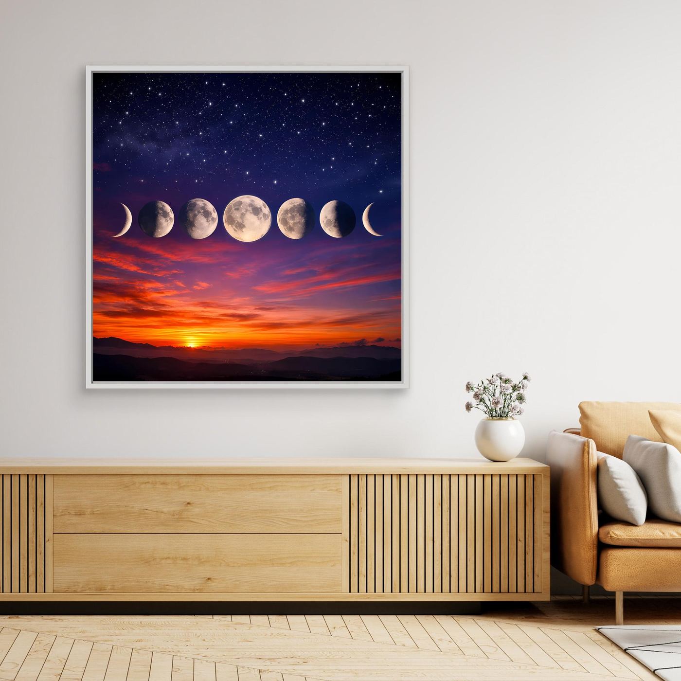 Gerahmtes Leinwandbild mit Mondphasen, Sternenhimmel und Sonnenuntergang