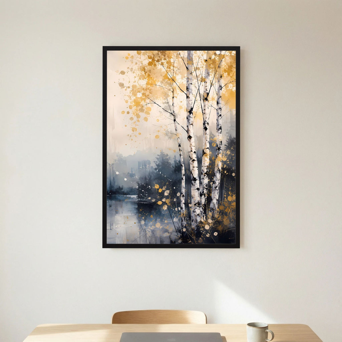 Hochformat-Poster: abstrakte Birken am See mit goldenen Farbakzenten, schwarzer Rahmen