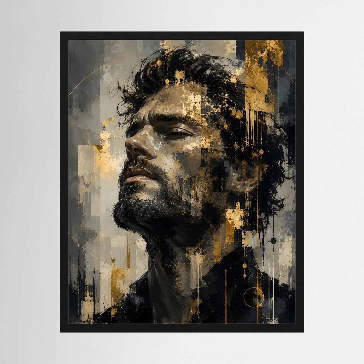 Abstraktes Männerkunstposter (Hochformat) mit schwarzem Rahmen, Gesicht in Schwarz/Grau/Gold