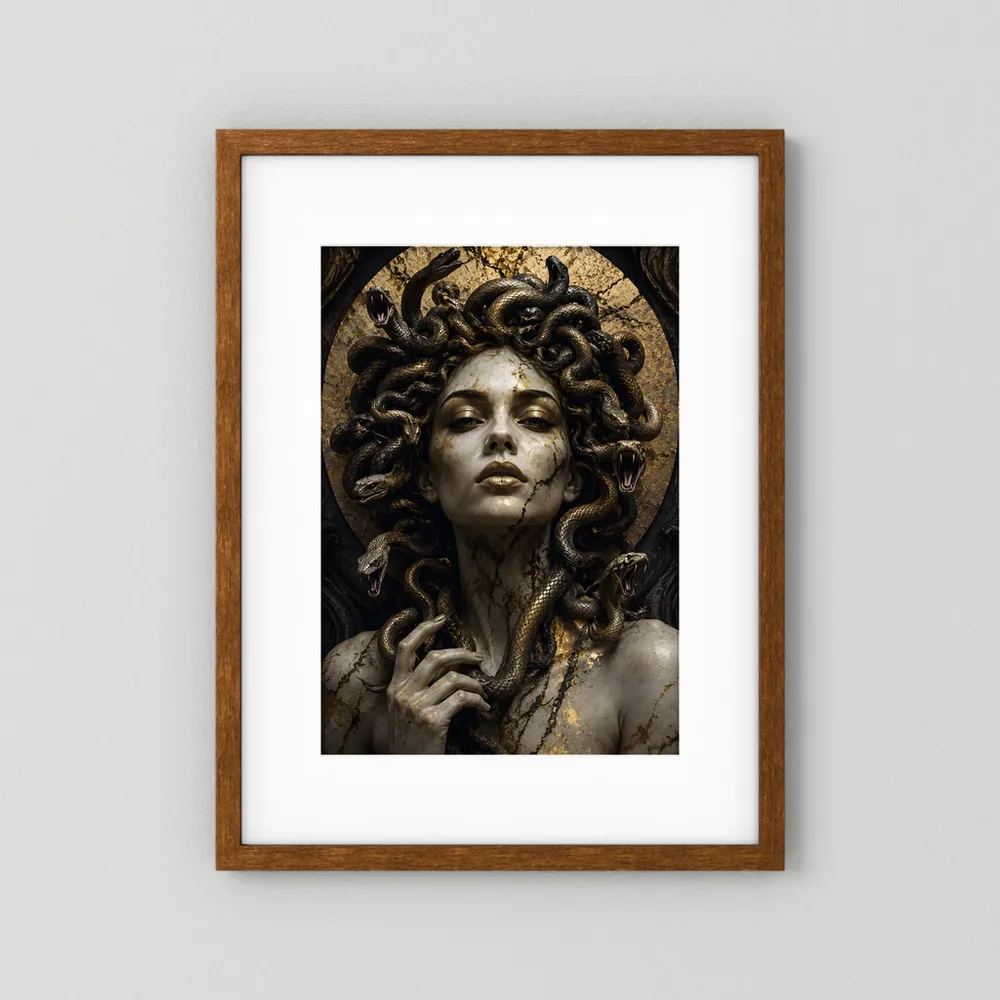 Poster der Schlangengöttin Medusa mit goldenen Schlangen, dunkler Holzrahmen